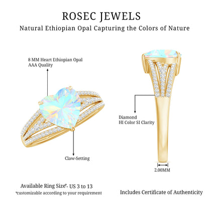 Designer Ethiopian Opal Heart Engagement Ring with Diamond Split Shank