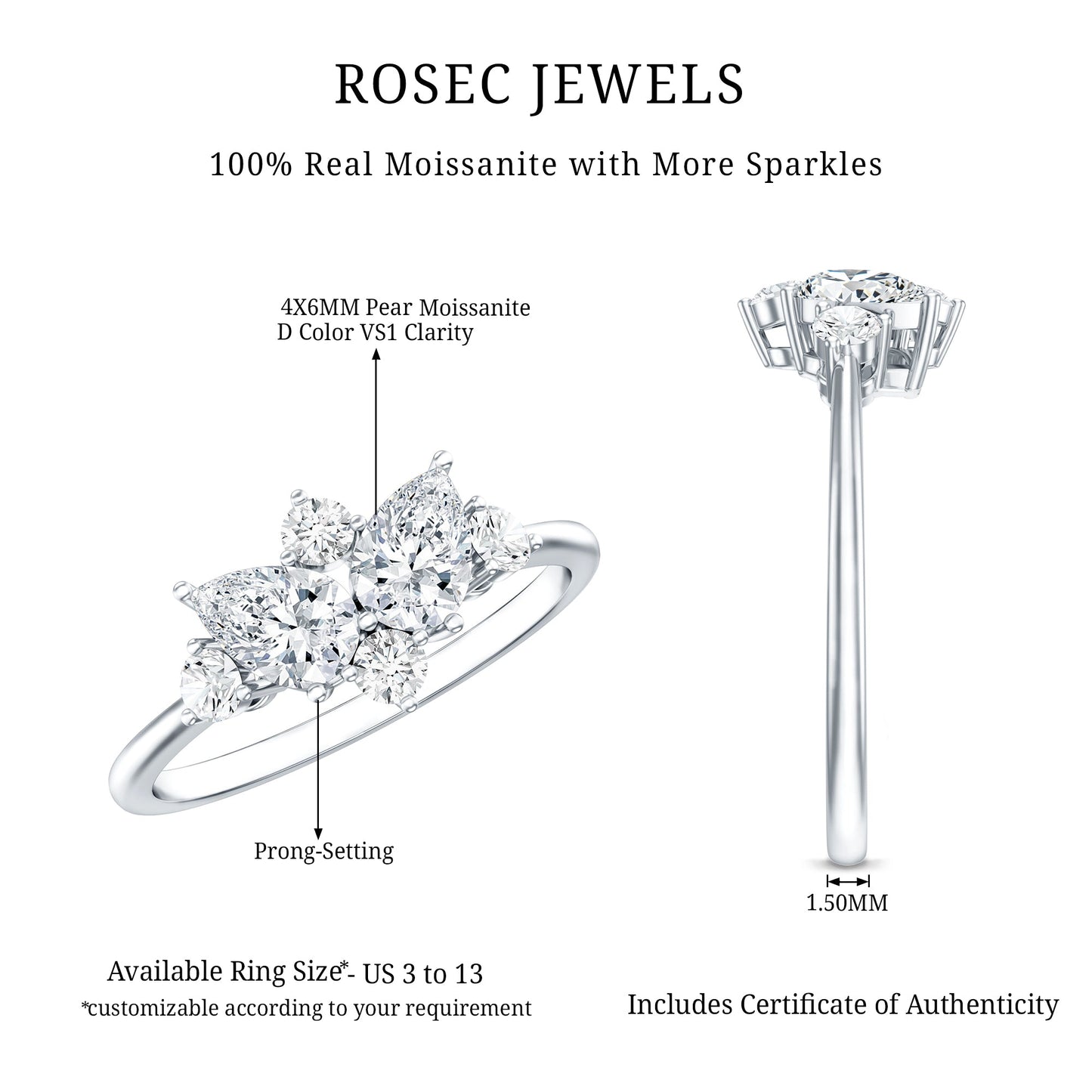 Pear and Round Moissanite Cluster Promise Ring