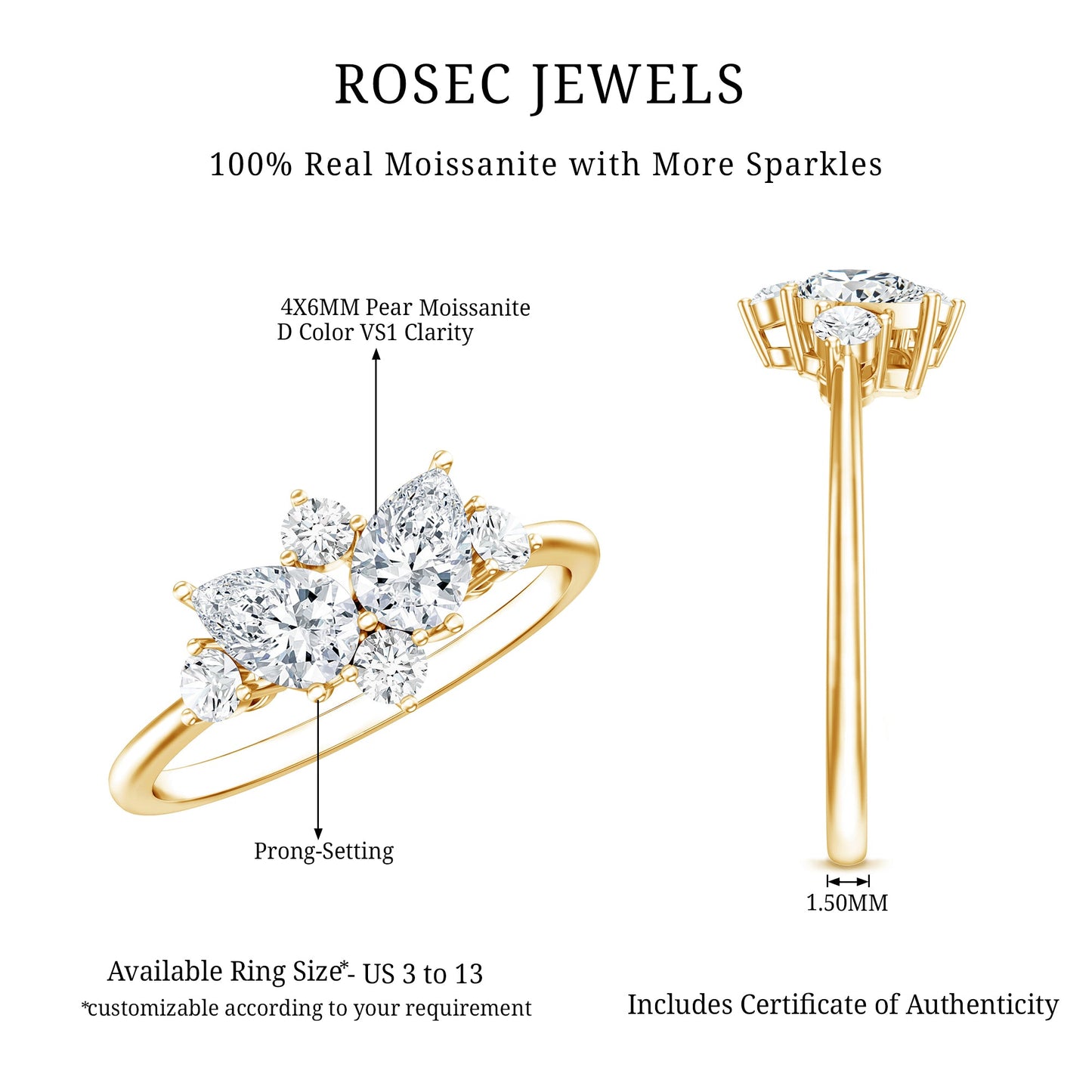 Pear and Round Moissanite Cluster Promise Ring