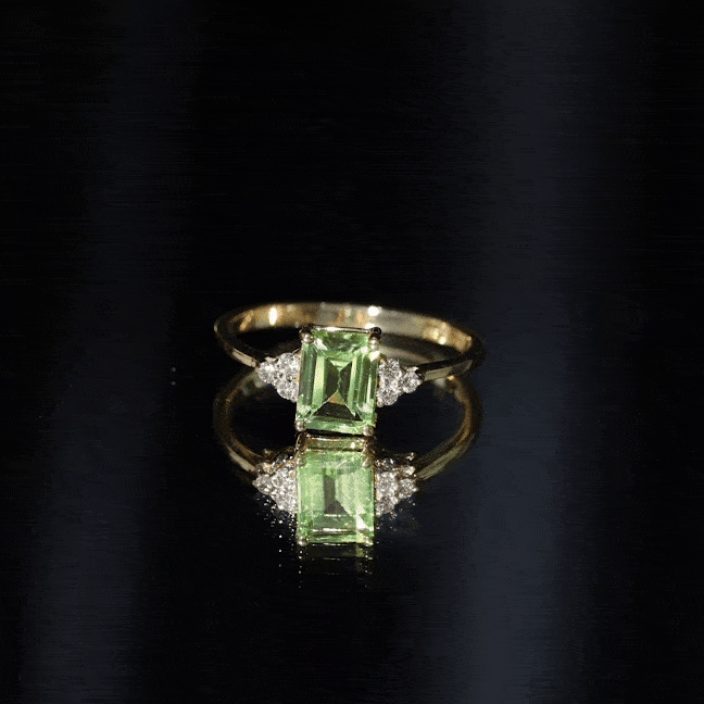 Emerald Cut Peridot Engagement Ring with Diamond Trio