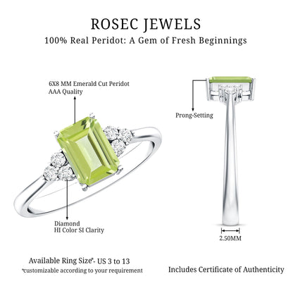 Emerald Cut Peridot Engagement Ring with Diamond Trio