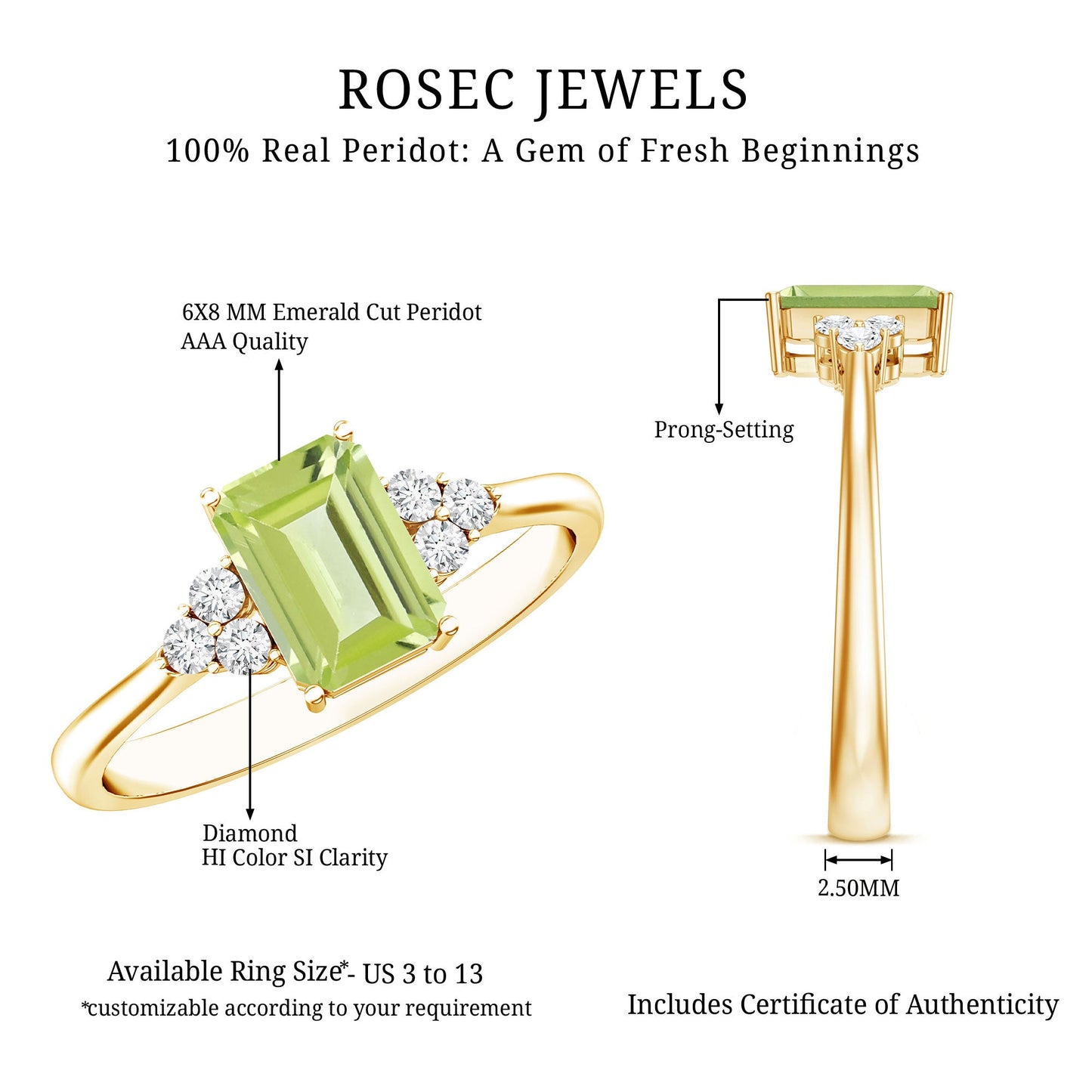 Emerald Cut Peridot Engagement Ring with Diamond Trio
