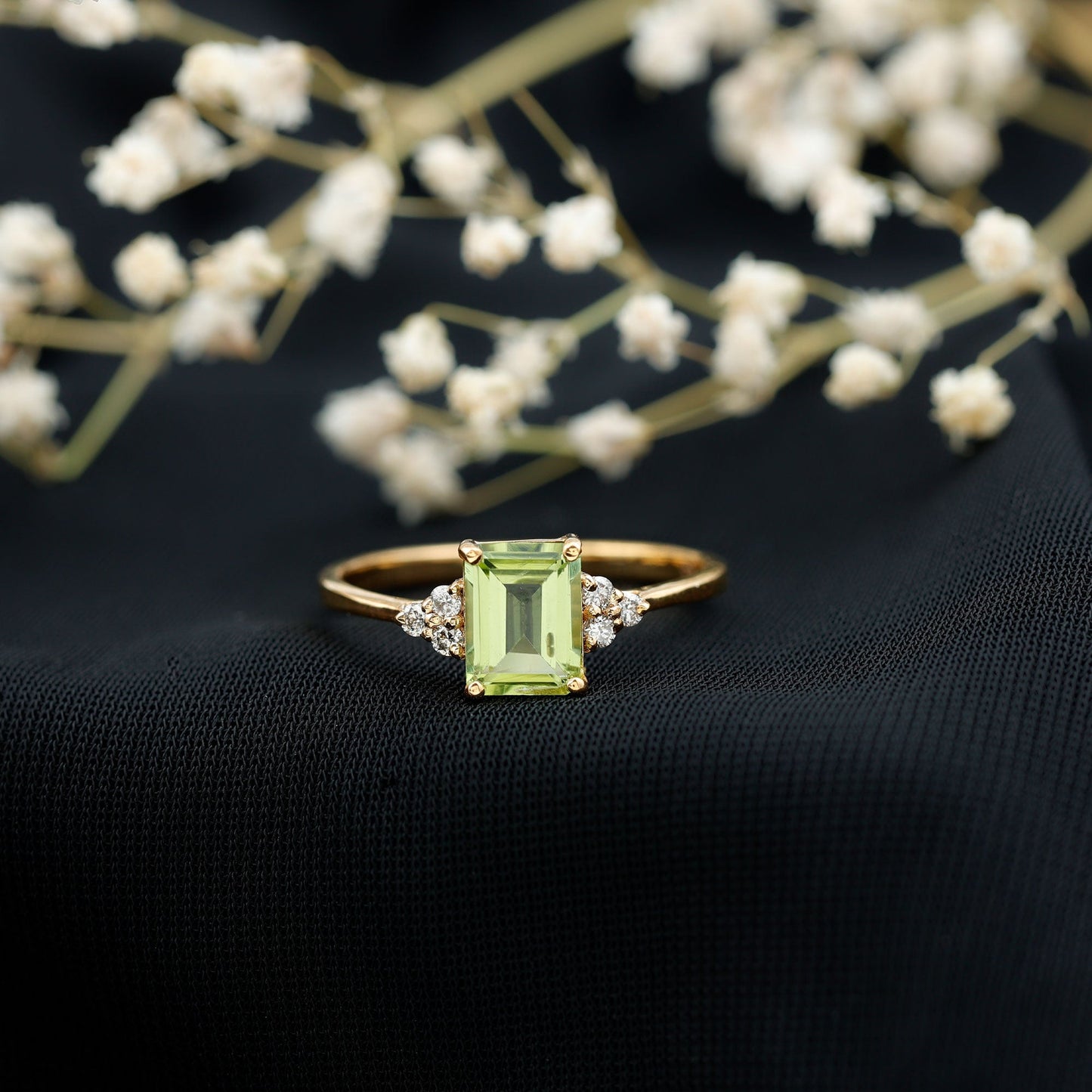 Emerald Cut Peridot Engagement Ring with Diamond Trio