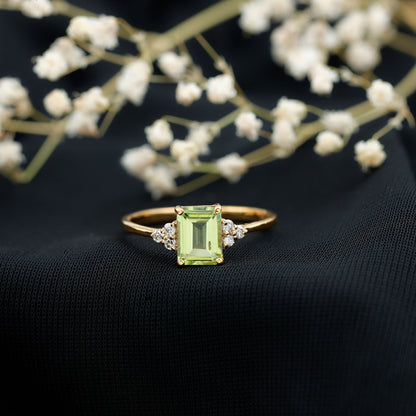 Emerald Cut Peridot Engagement Ring with Diamond Trio