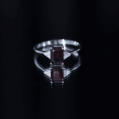 Natural Garnet Emerald Cut Engagement Ring with Diamond Trio