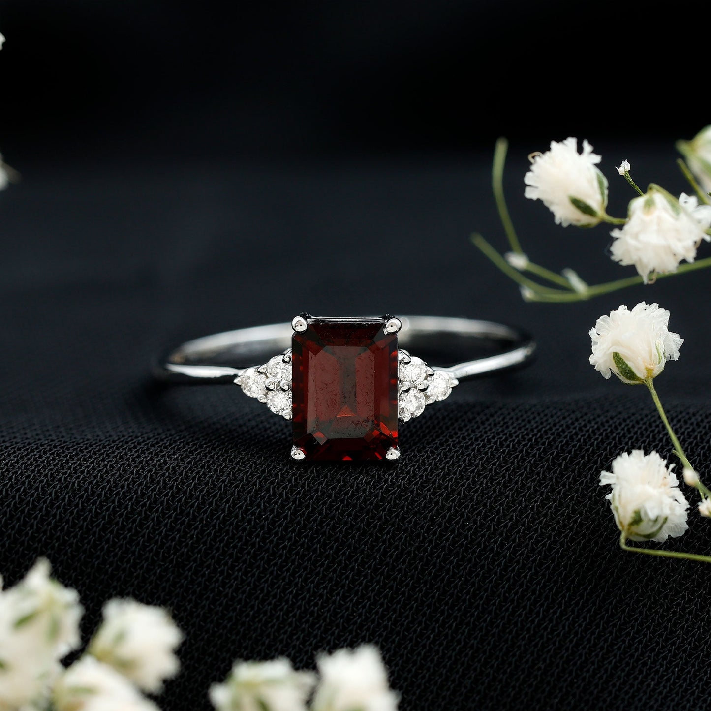 Natural Garnet Emerald Cut Engagement Ring with Diamond Trio