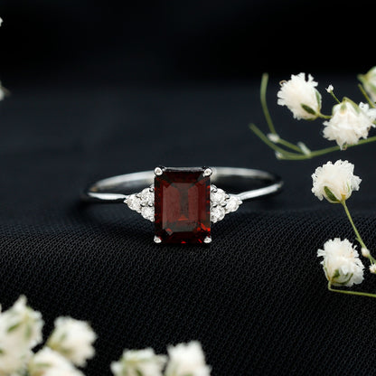 Natural Garnet Emerald Cut Engagement Ring with Diamond Trio