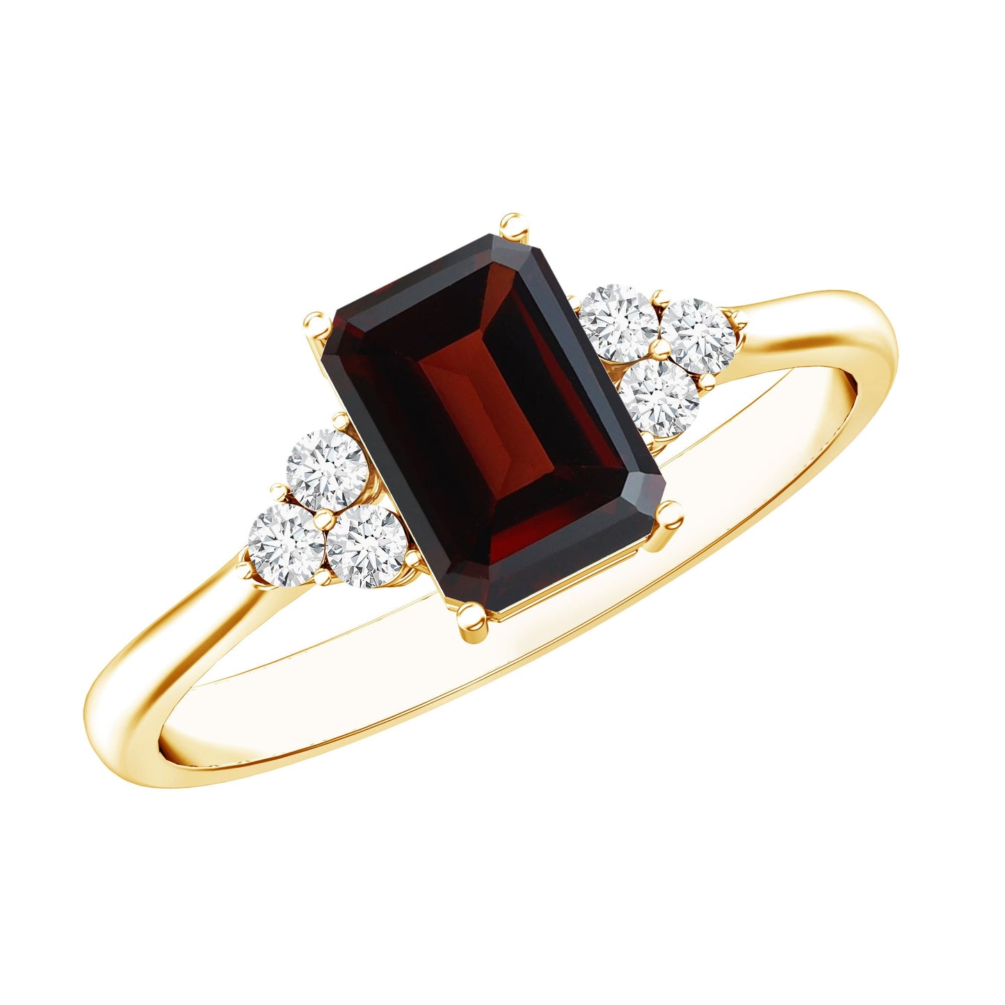 Natural Garnet Emerald Cut Engagement Ring with Diamond Trio