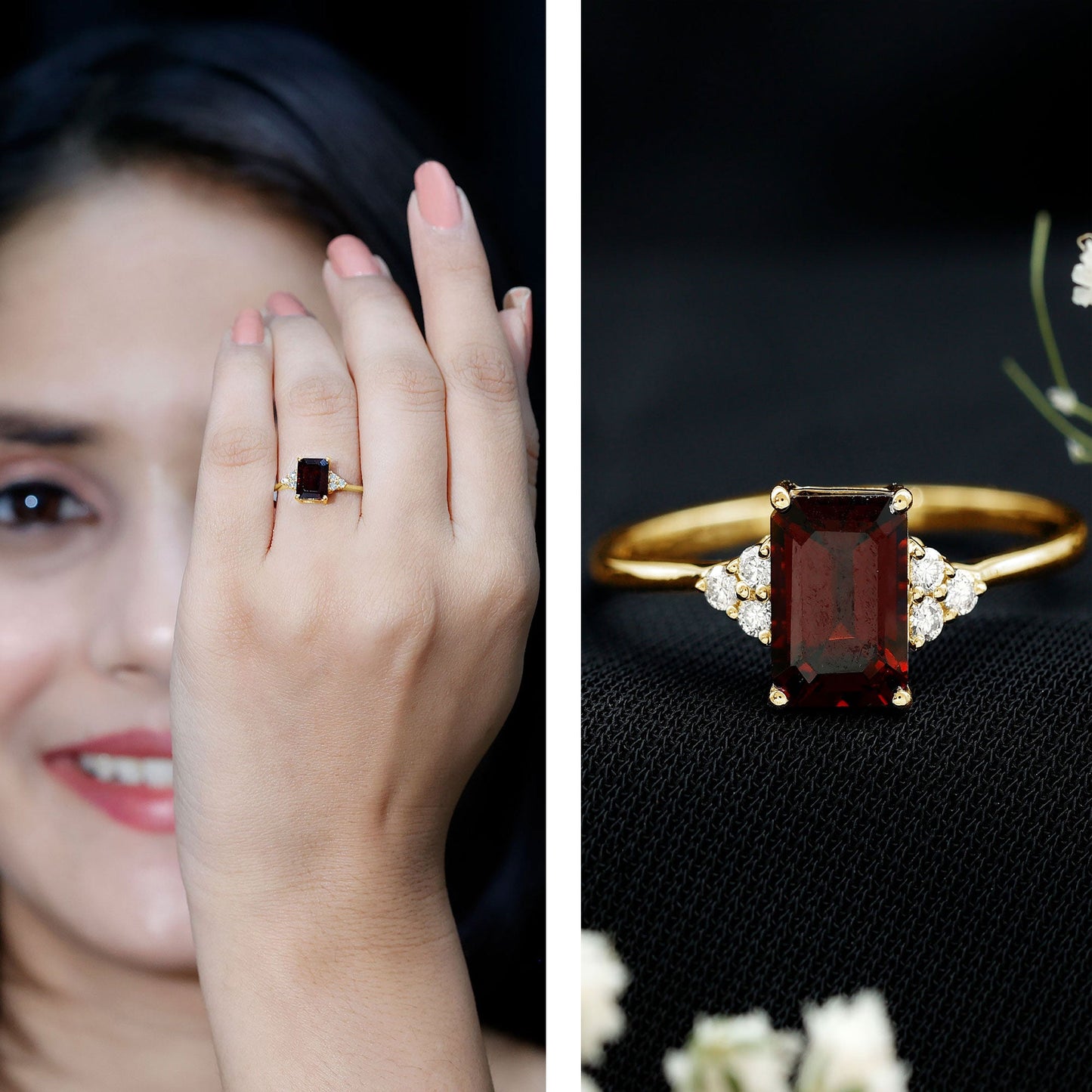 Natural Garnet Emerald Cut Engagement Ring with Diamond Trio