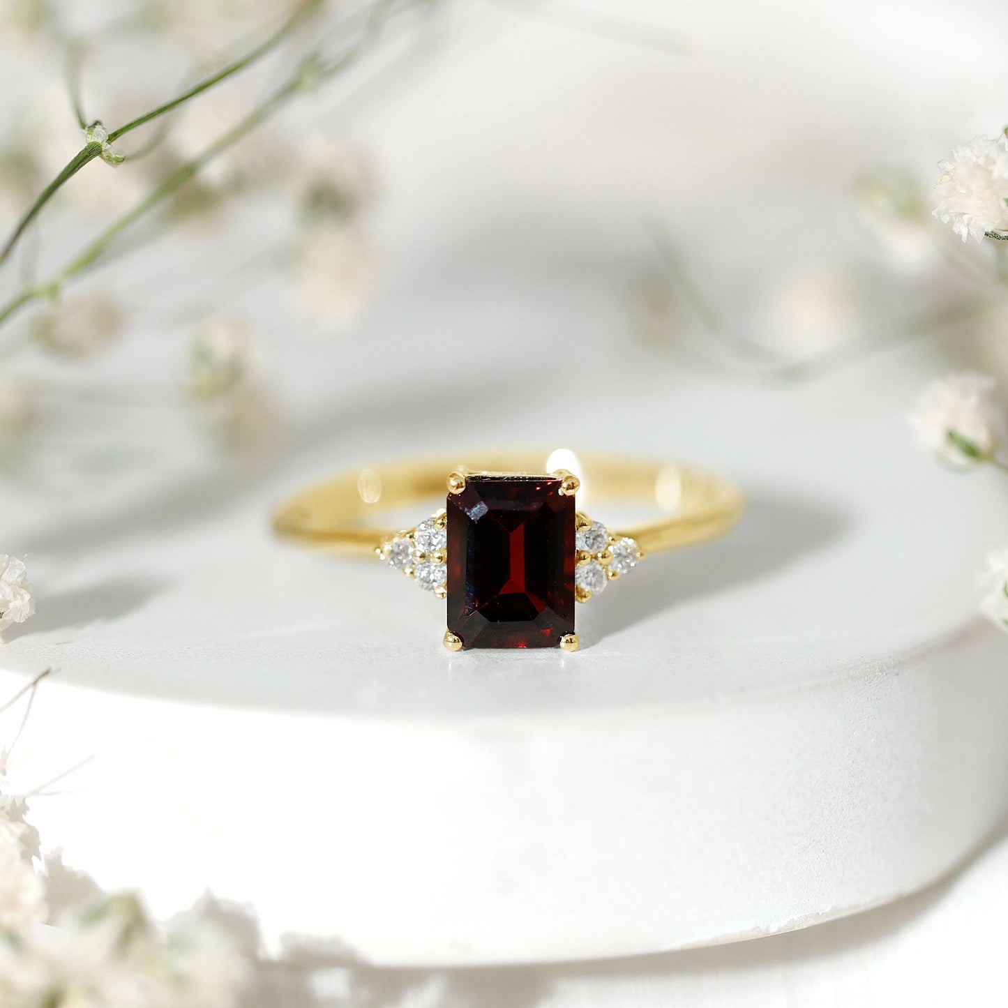Natural Garnet Emerald Cut Engagement Ring with Diamond Trio