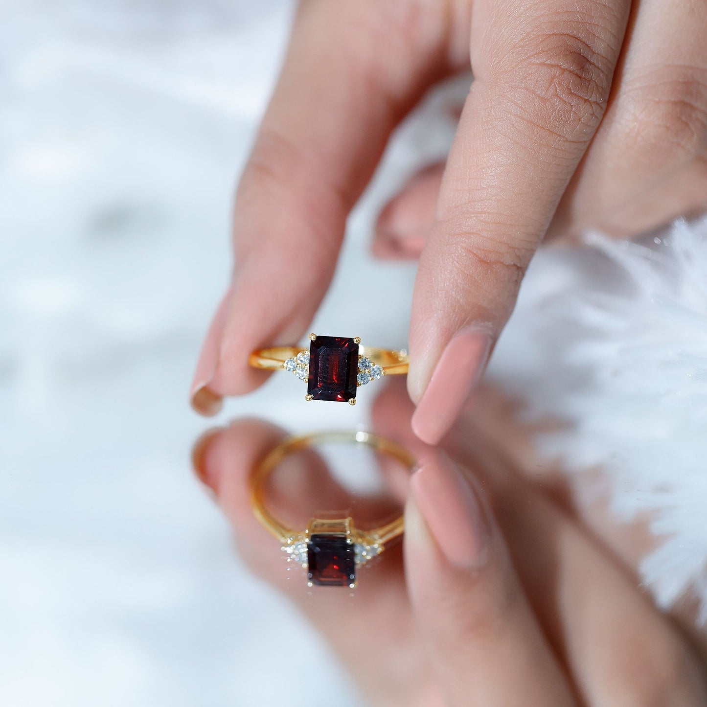 Natural Garnet Emerald Cut Engagement Ring with Diamond Trio