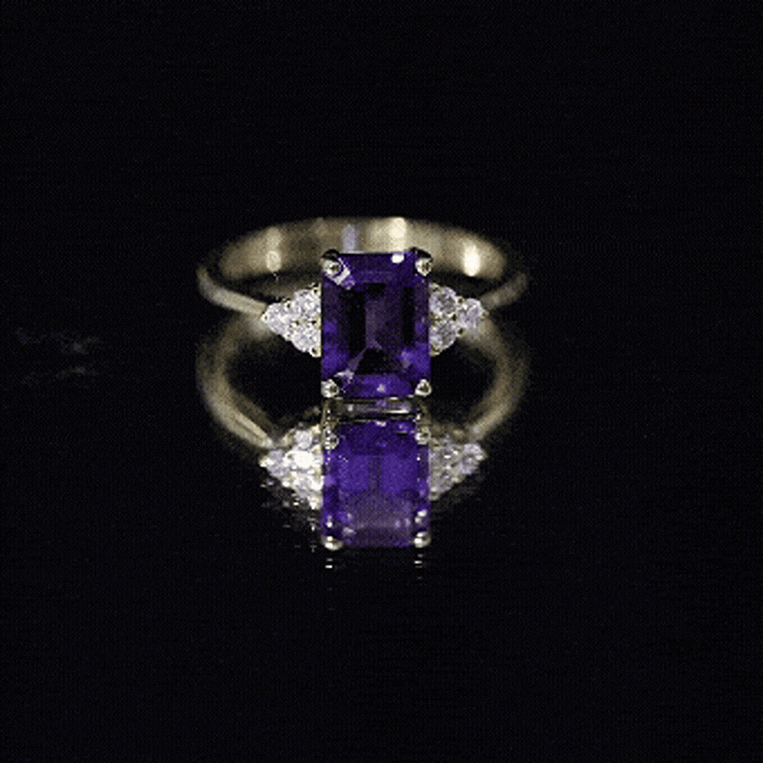 Real 1.4 Carat Amethyst Emerald Cut Engagement Ring with Diamond Trio