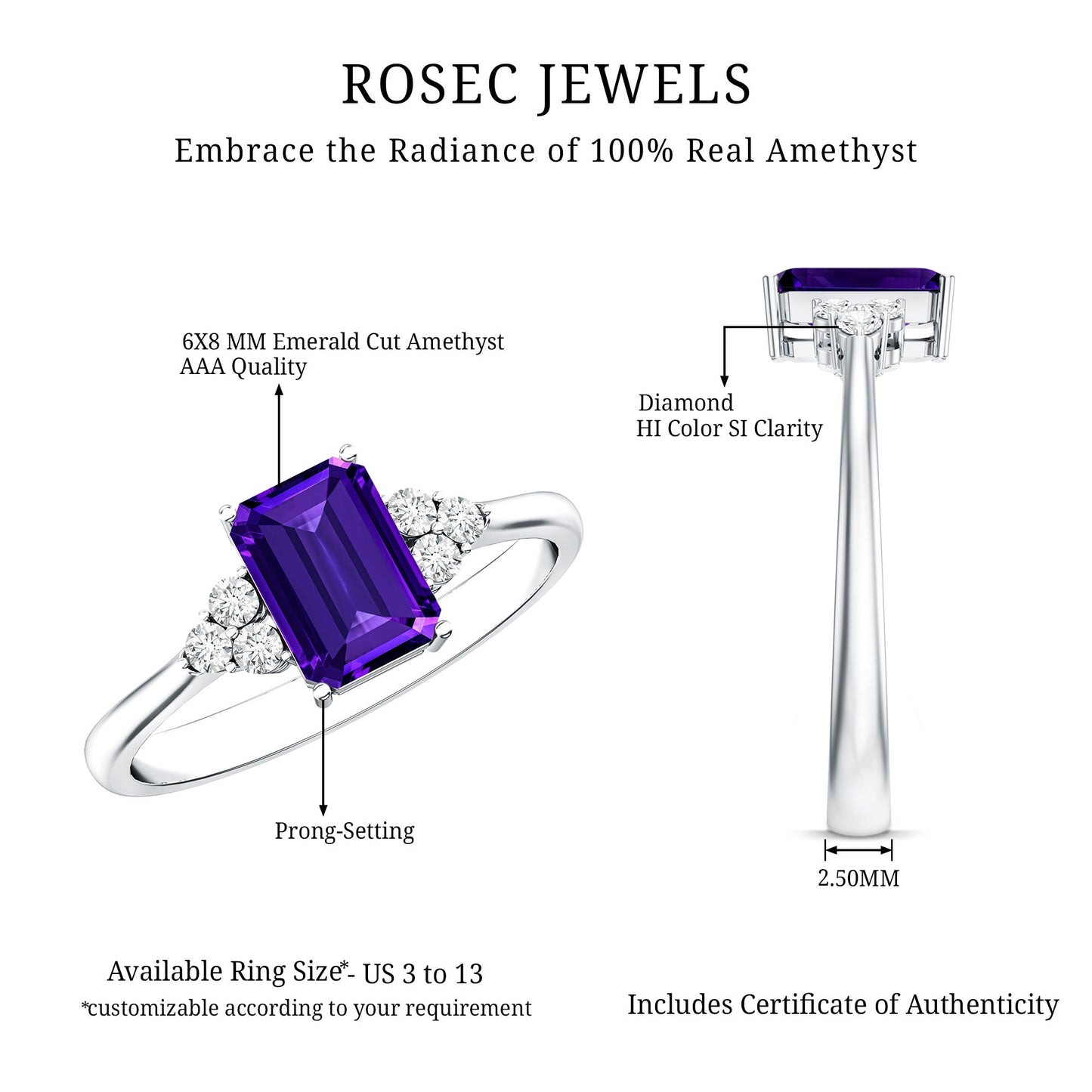 Real 1.4 Carat Amethyst Emerald Cut Engagement Ring with Diamond Trio