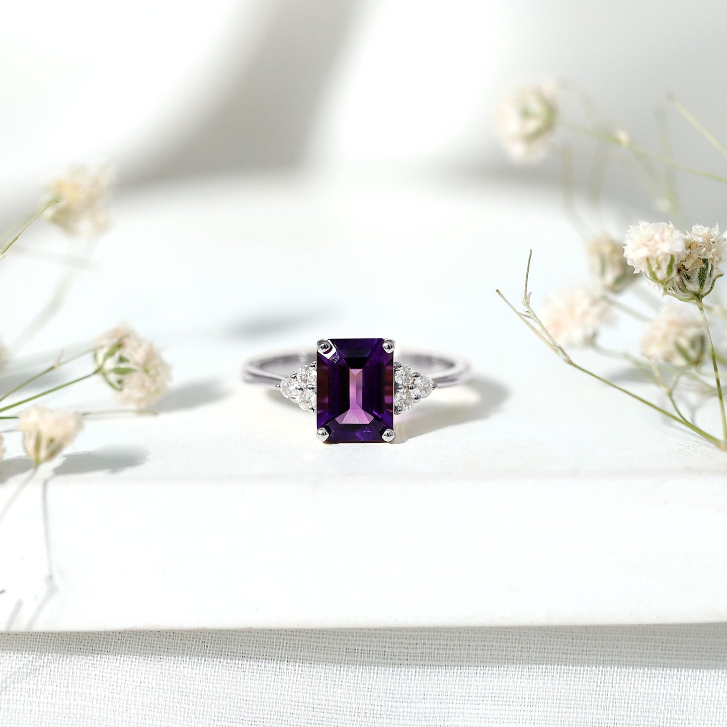Real 1.4 Carat Amethyst Emerald Cut Engagement Ring with Diamond Trio