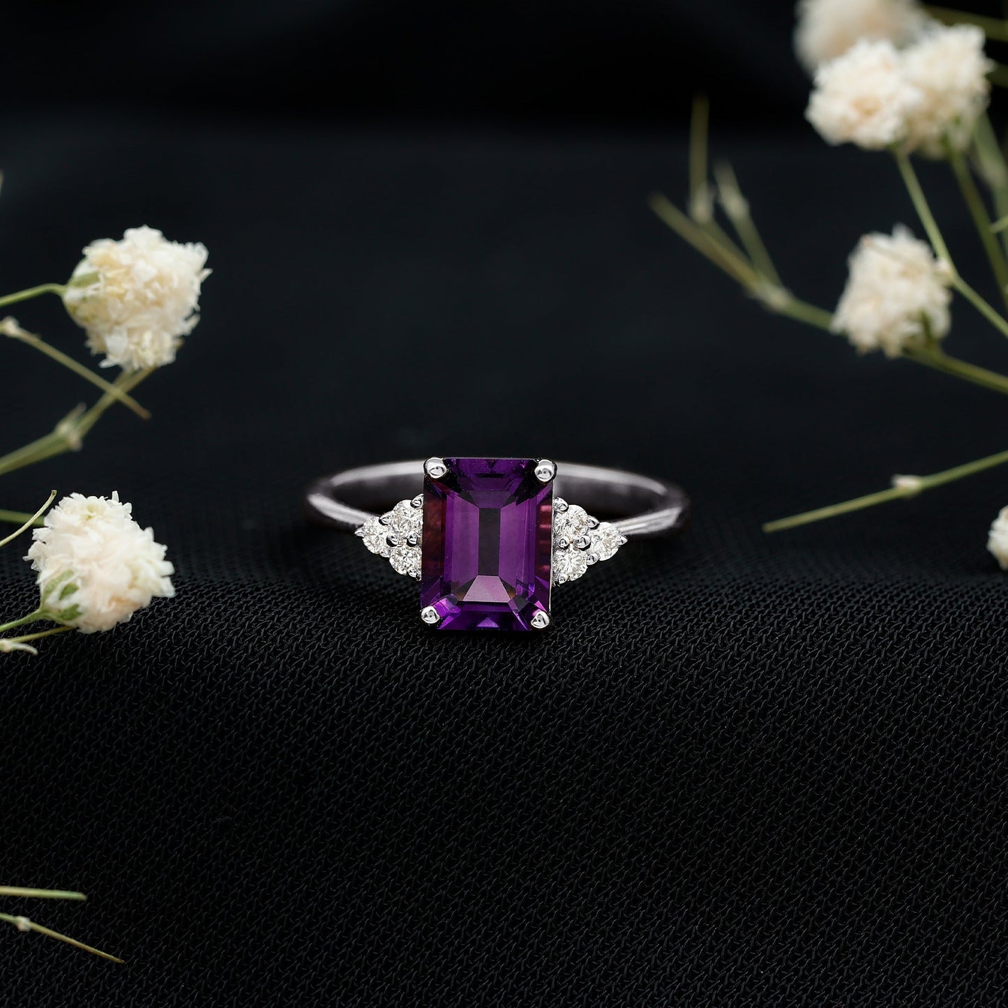 Real 1.4 Carat Amethyst Emerald Cut Engagement Ring with Diamond Trio