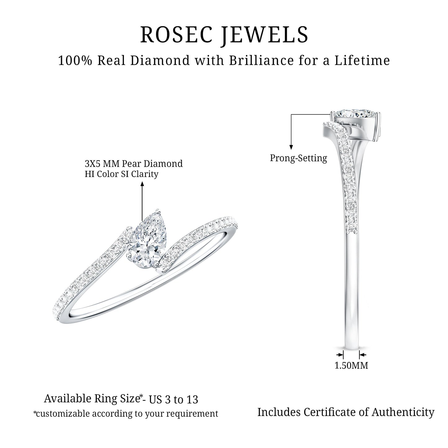 Certified Natural Diamond Promise Ring with Bypass Shank