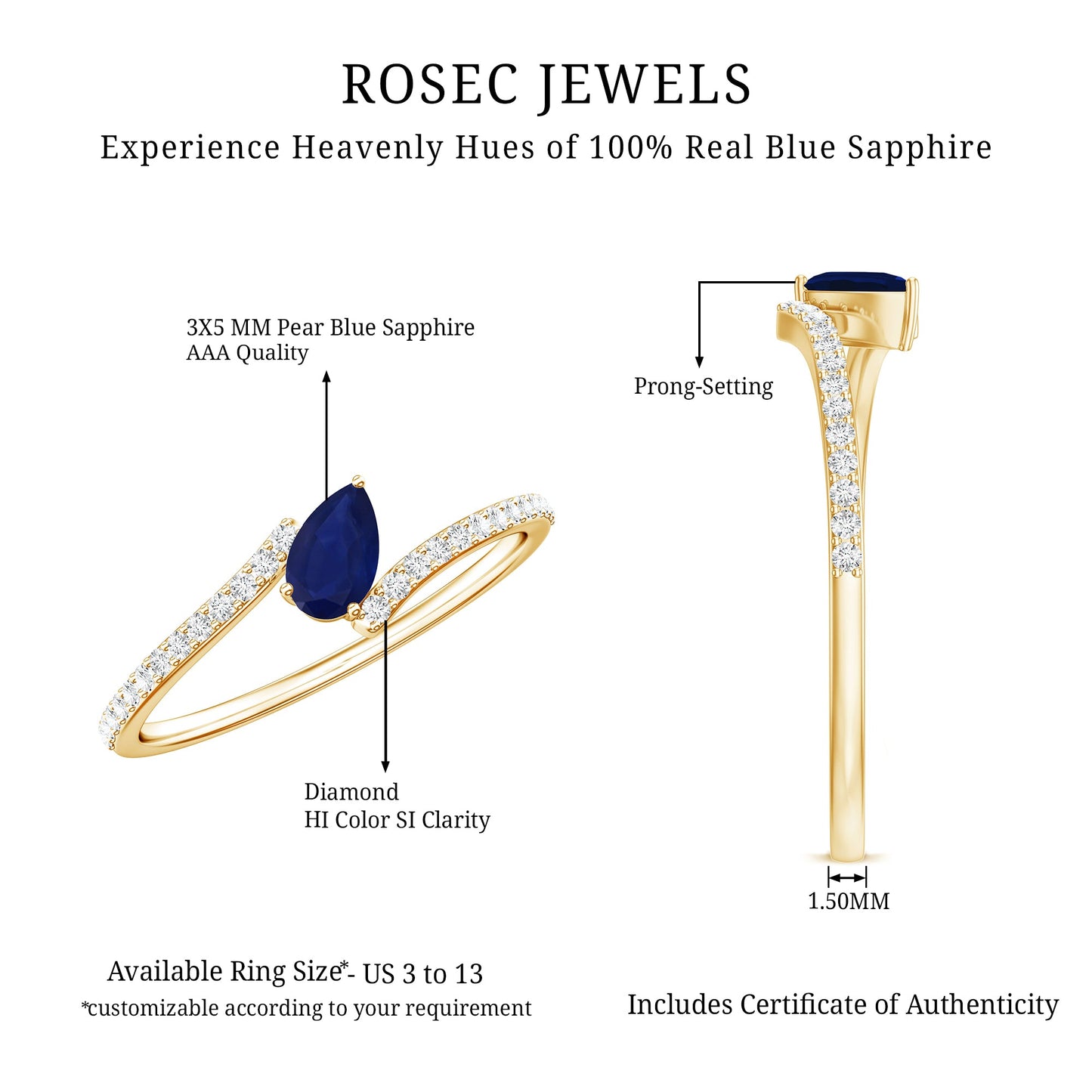 Tilted Pear Shaped Blue Sapphire Bypass Promise Ring with Diamond