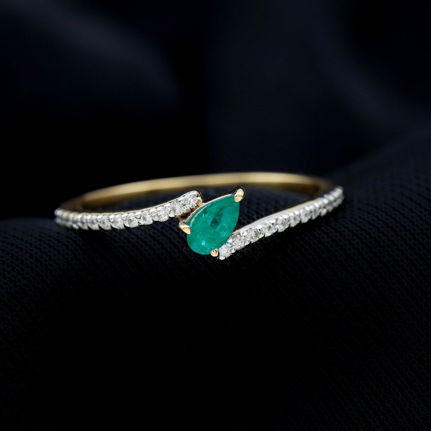Pear Shaped Emerald and Diamond Promise Ring in Bypass Shank