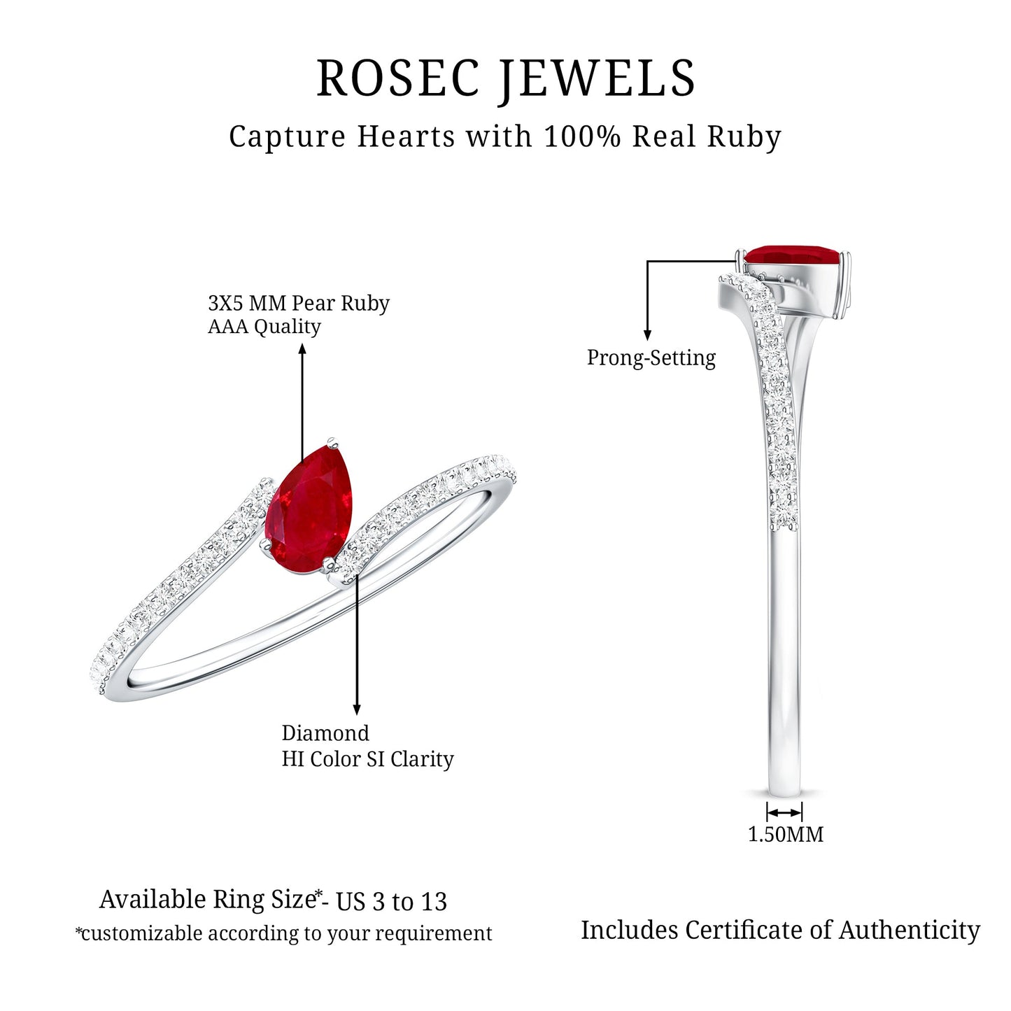 Tilted Pear Shape Ruby and Diamond Bypass Promise Ring