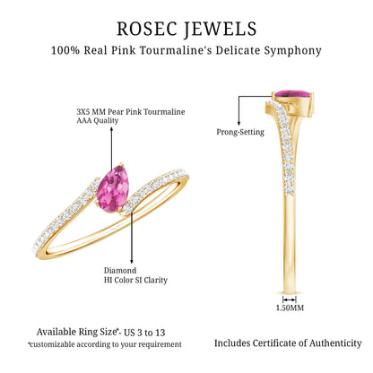 Tilted Pear Shape Pink Tourmaline and Diamond Bypass Promise Ring