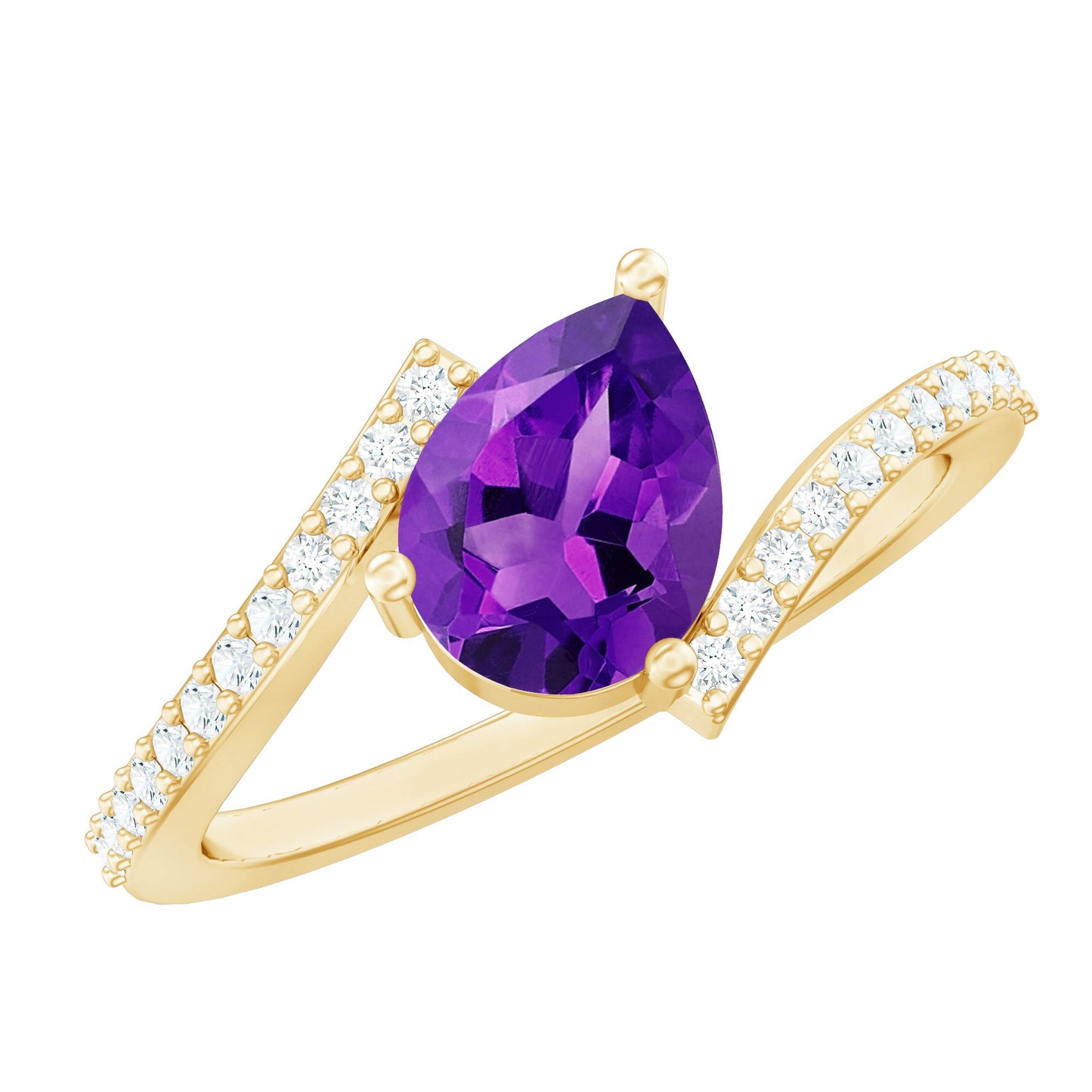 Tilted Pear Shape Solitaire Amethyst Bypass Promise Ring with Diamond