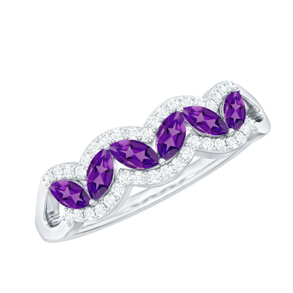 Real Marquise Amethyst Half Eternity Band Ring with Diamond