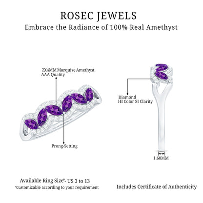 Real Marquise Amethyst Half Eternity Band Ring with Diamond