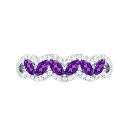 Real Marquise Amethyst Half Eternity Band Ring with Diamond