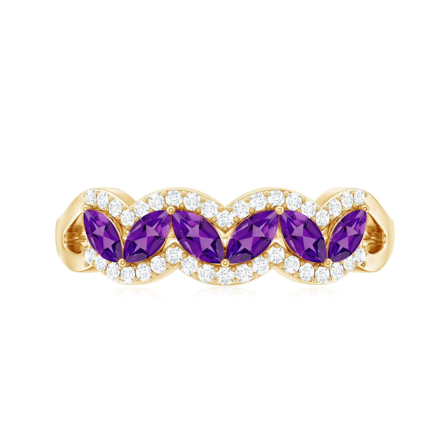 Real Marquise Amethyst Half Eternity Band Ring with Diamond