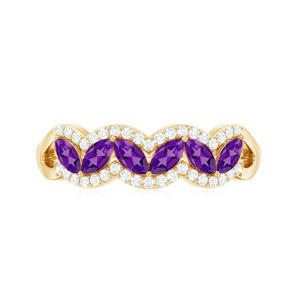 Real Marquise Amethyst Half Eternity Band Ring with Diamond