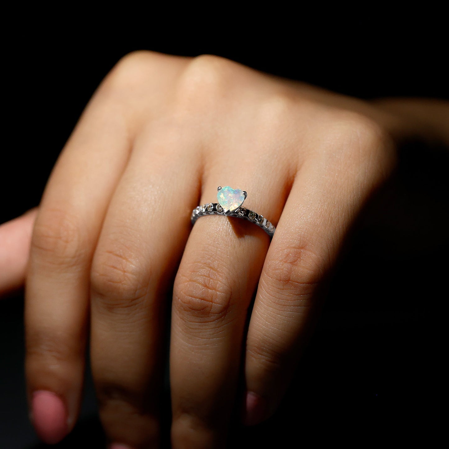 0.75 Carat Heart Shape Ethiopian Opal and Diamond Engagement Ring