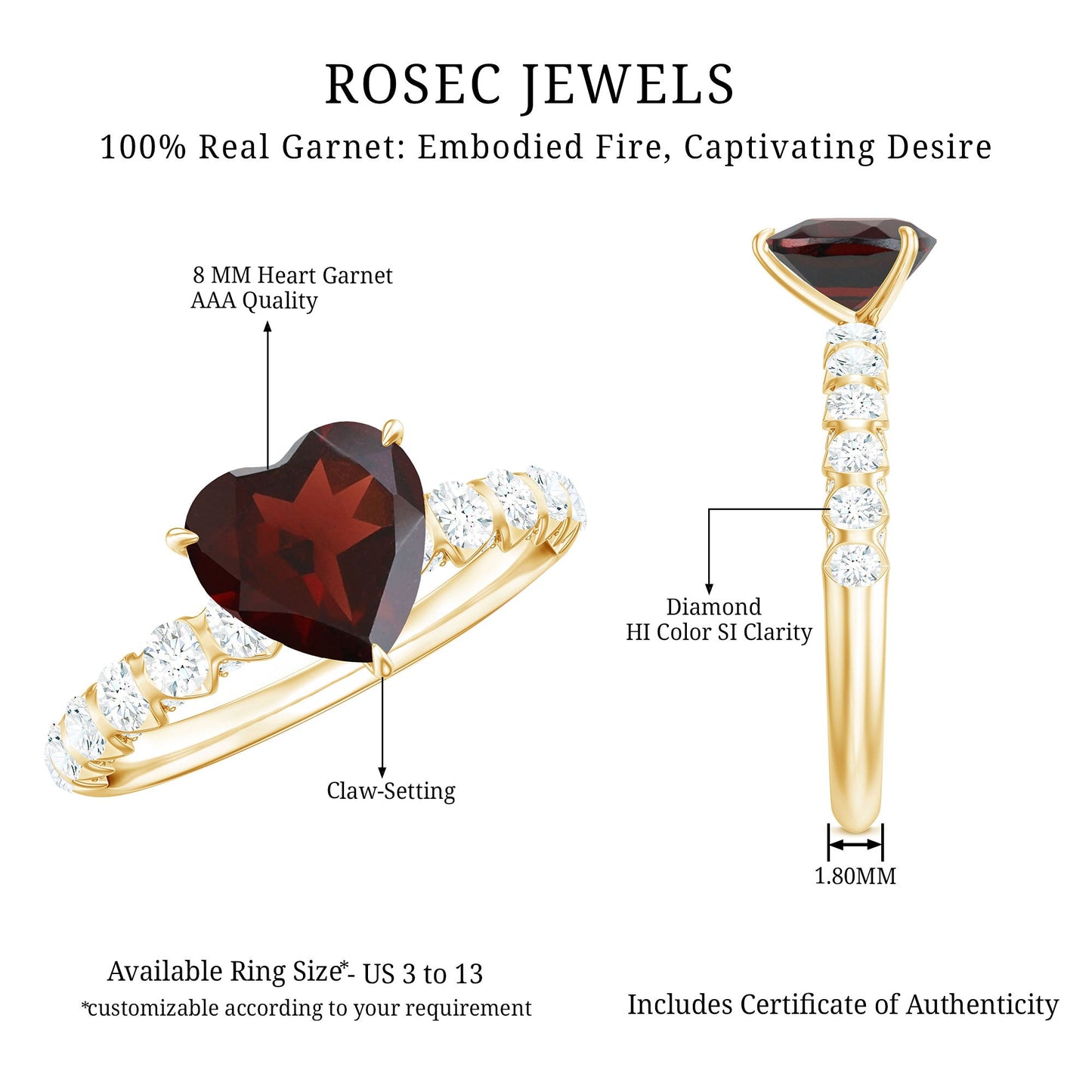 Natural 4 Carat Garnet Heart Engagement Ring with Diamond Side Stones