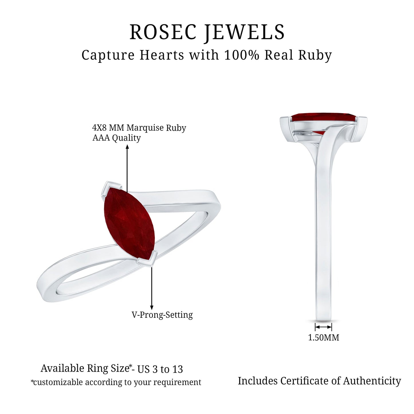 Natural 0.75 Carat Ruby Marquise Promise Ring with Bypass Shank