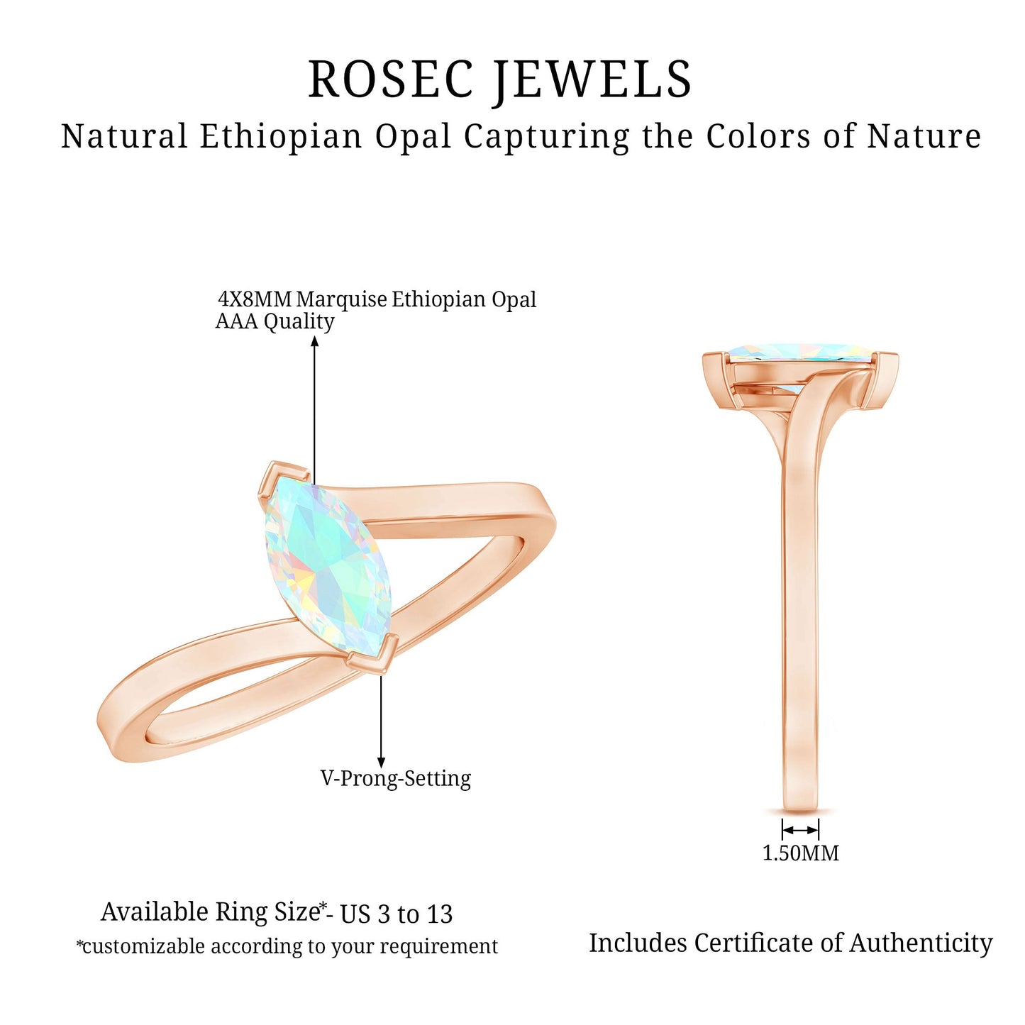 Natural Marquise Ethiopian Rainbow Opal Promise Ring with Bypass Shank