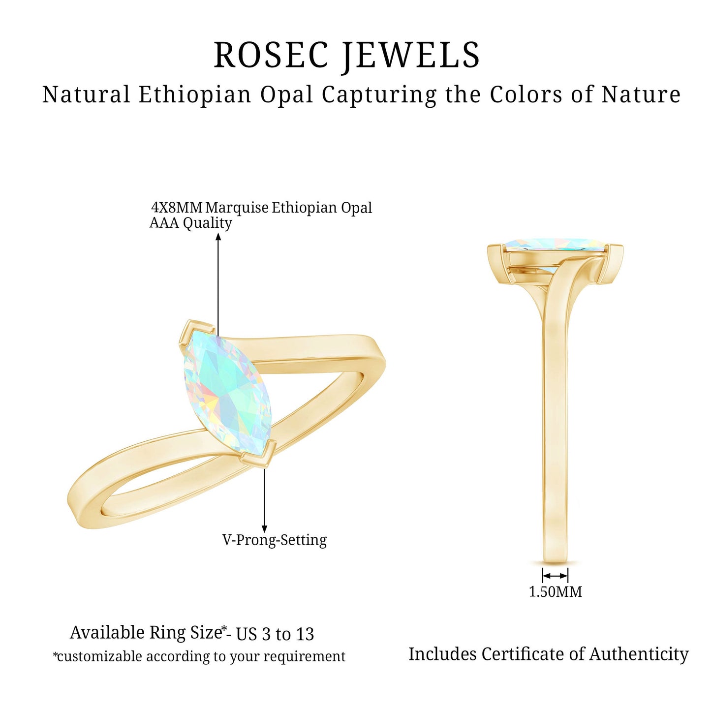 Natural Marquise Ethiopian Rainbow Opal Promise Ring with Bypass Shank