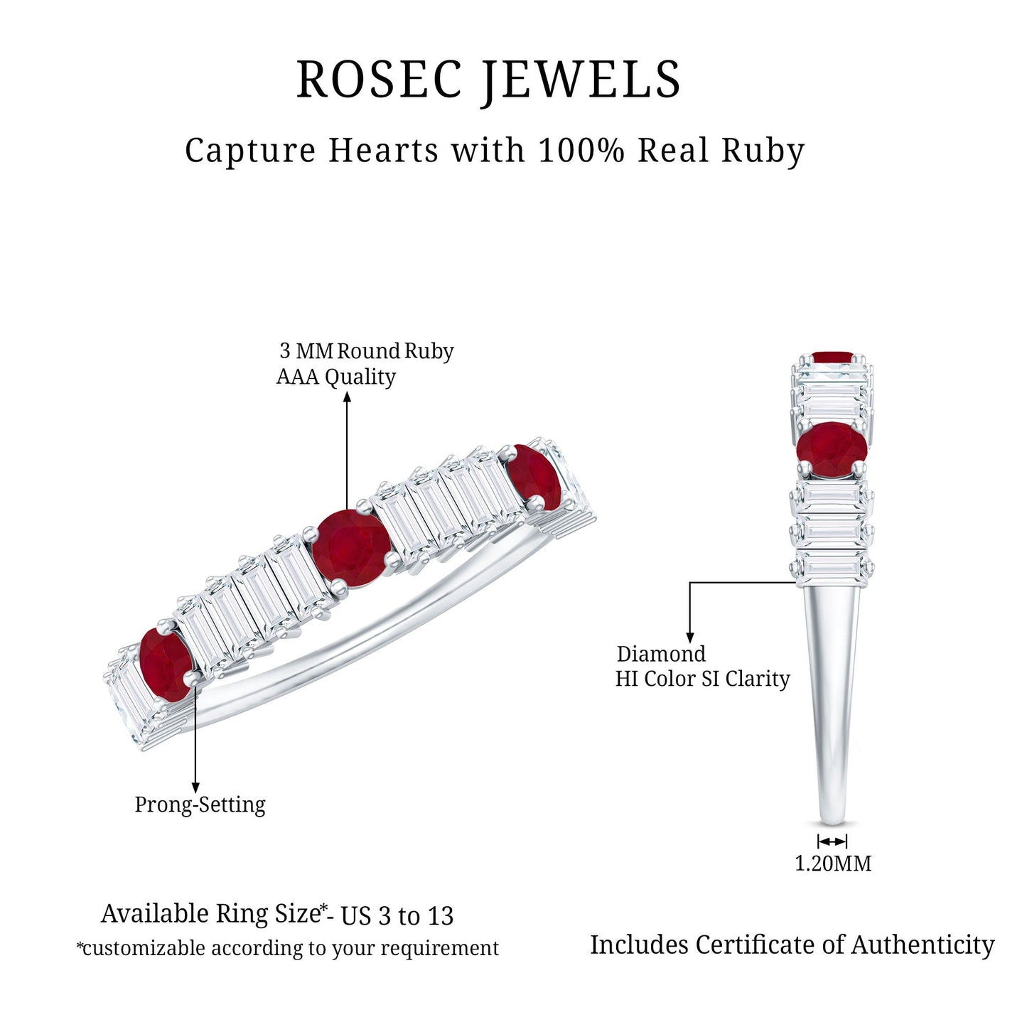 Real Ruby Diamond Half Eternity Band Ring for Women