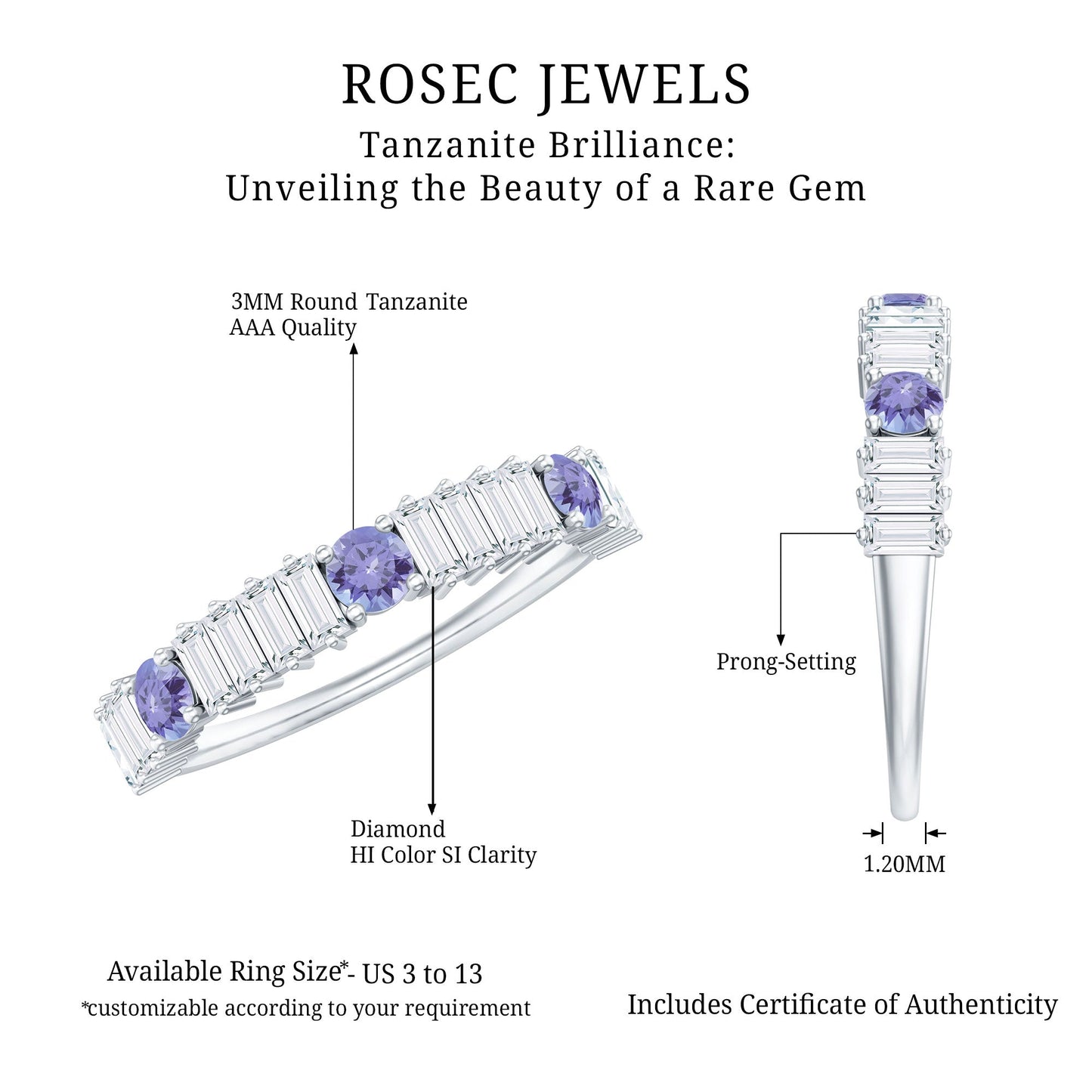 Classic Tanzanite and Diamond Half Eternity Band Ring