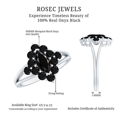 Certified Black Onyx Cluster Cocktail Ring with Split Shank