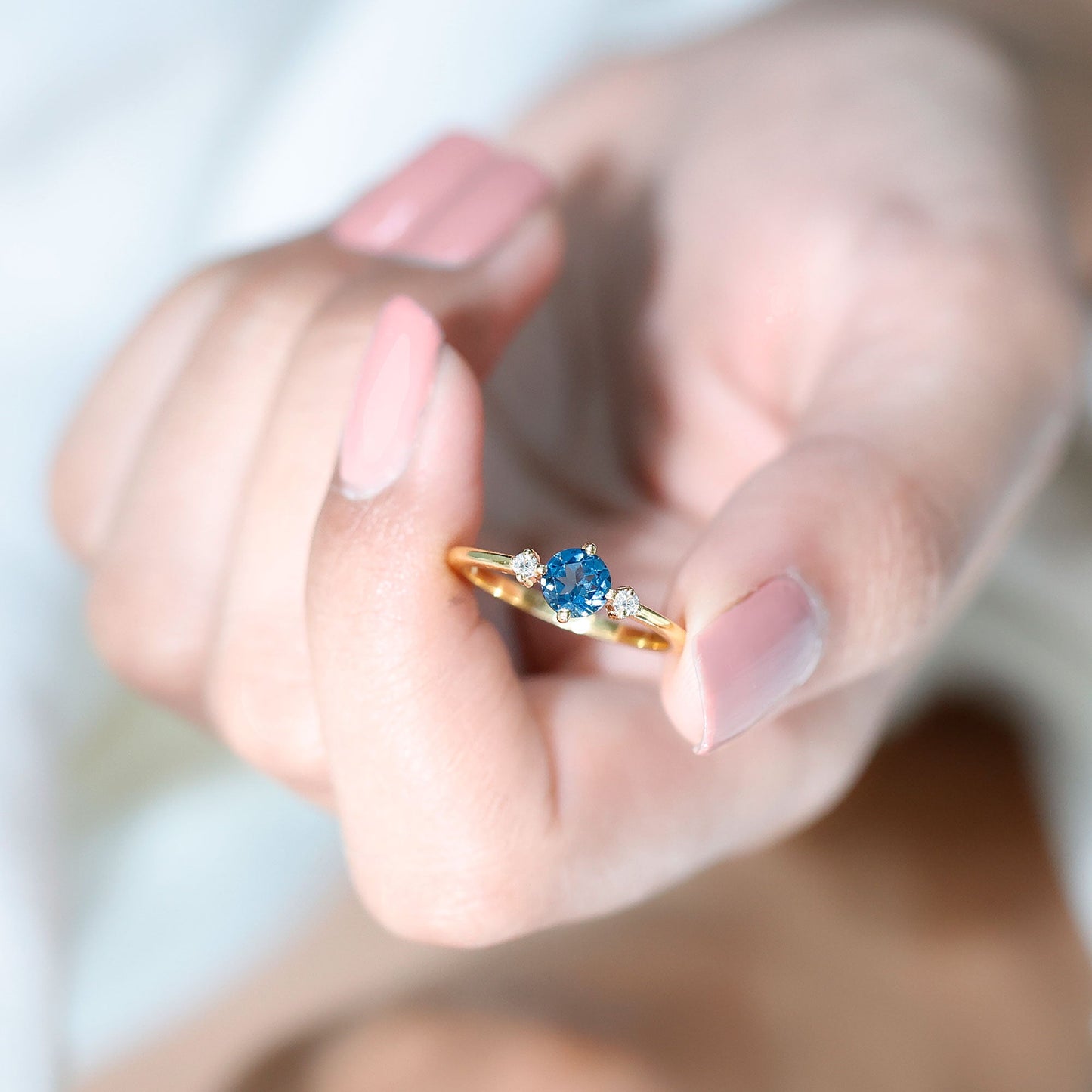 0.6 Carat Round London Blue Topaz Minimal Promise Ring with Diamond