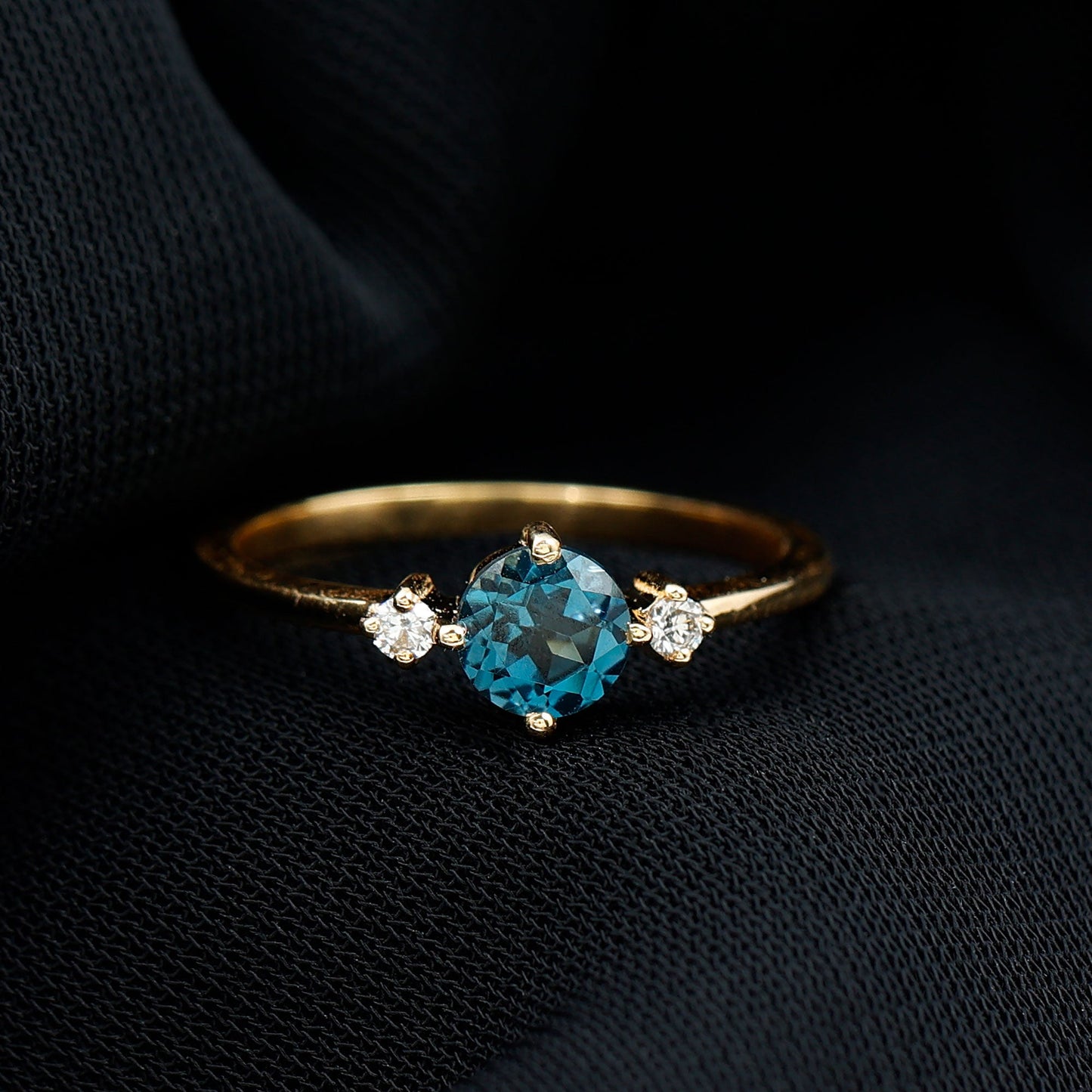 0.6 Carat Round London Blue Topaz Minimal Promise Ring with Diamond