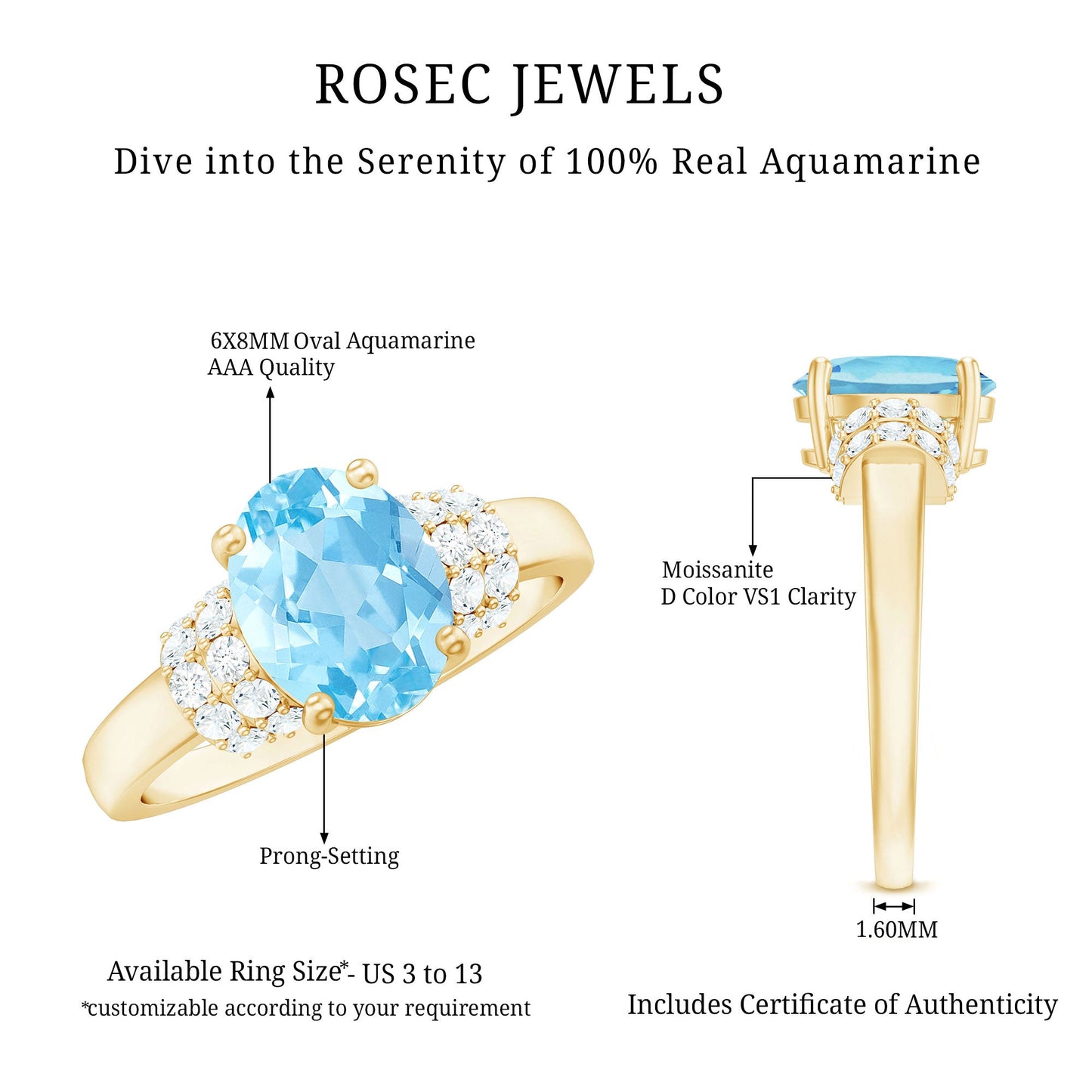 1 Carat Oval Cut Aquamarine Engagement Ring with Diamond Collar