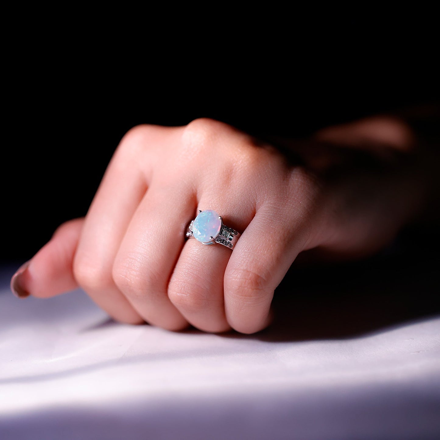 1.3 Carat Ethiopian Opal Oblong Engagement Ring with Diamond