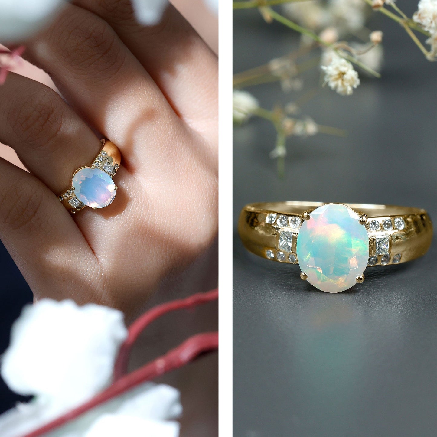 1.3 Carat Ethiopian Opal Oblong Engagement Ring with Diamond