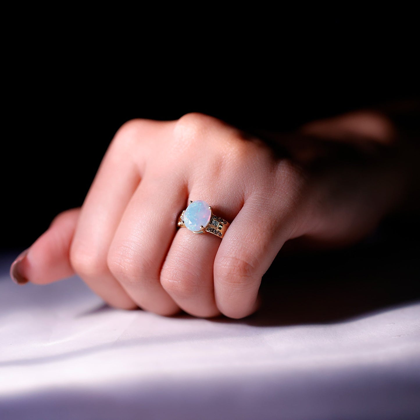 1.3 Carat Ethiopian Opal Oblong Engagement Ring with Diamond
