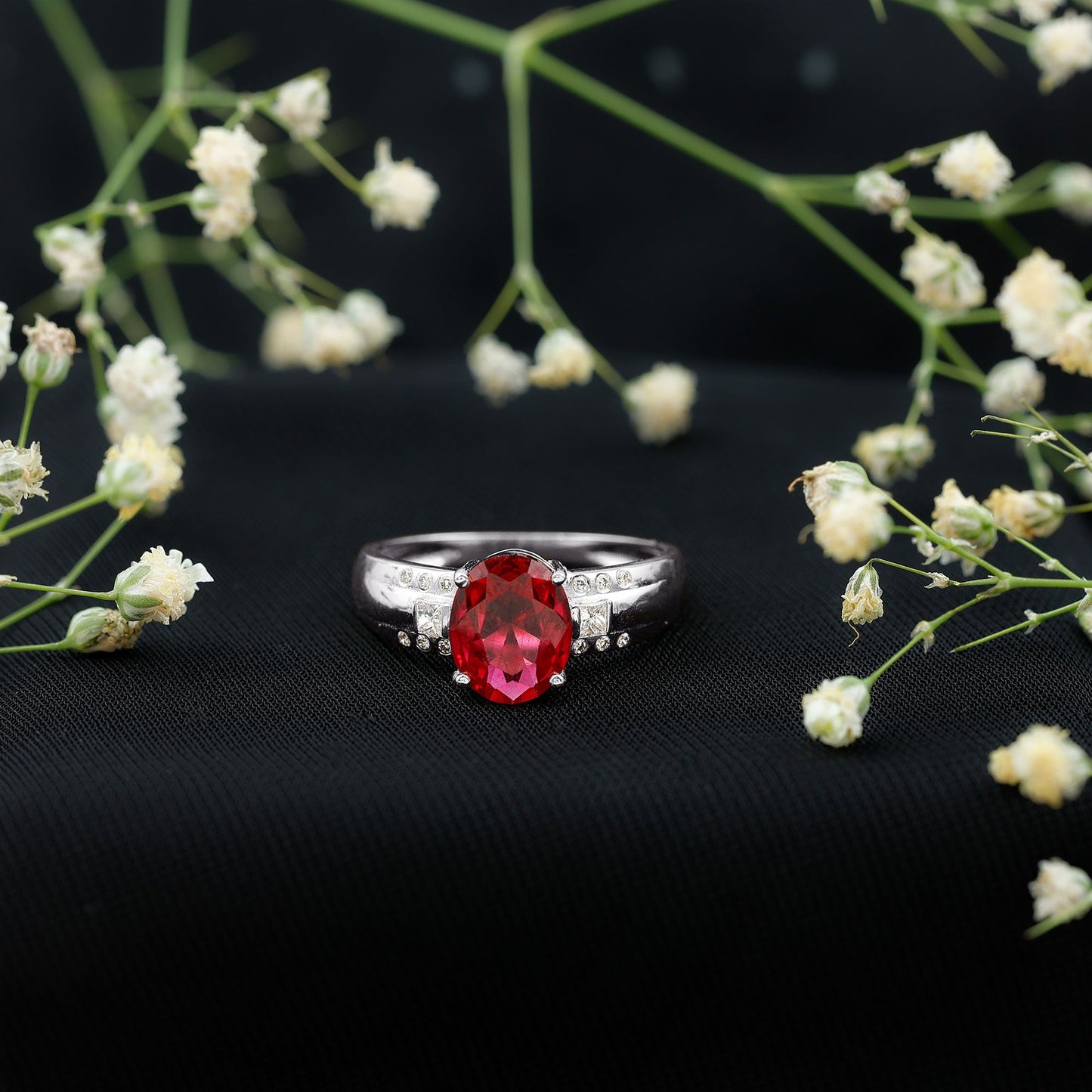 Oval Lab Grown Ruby Statement Engagement Ring with Diamond