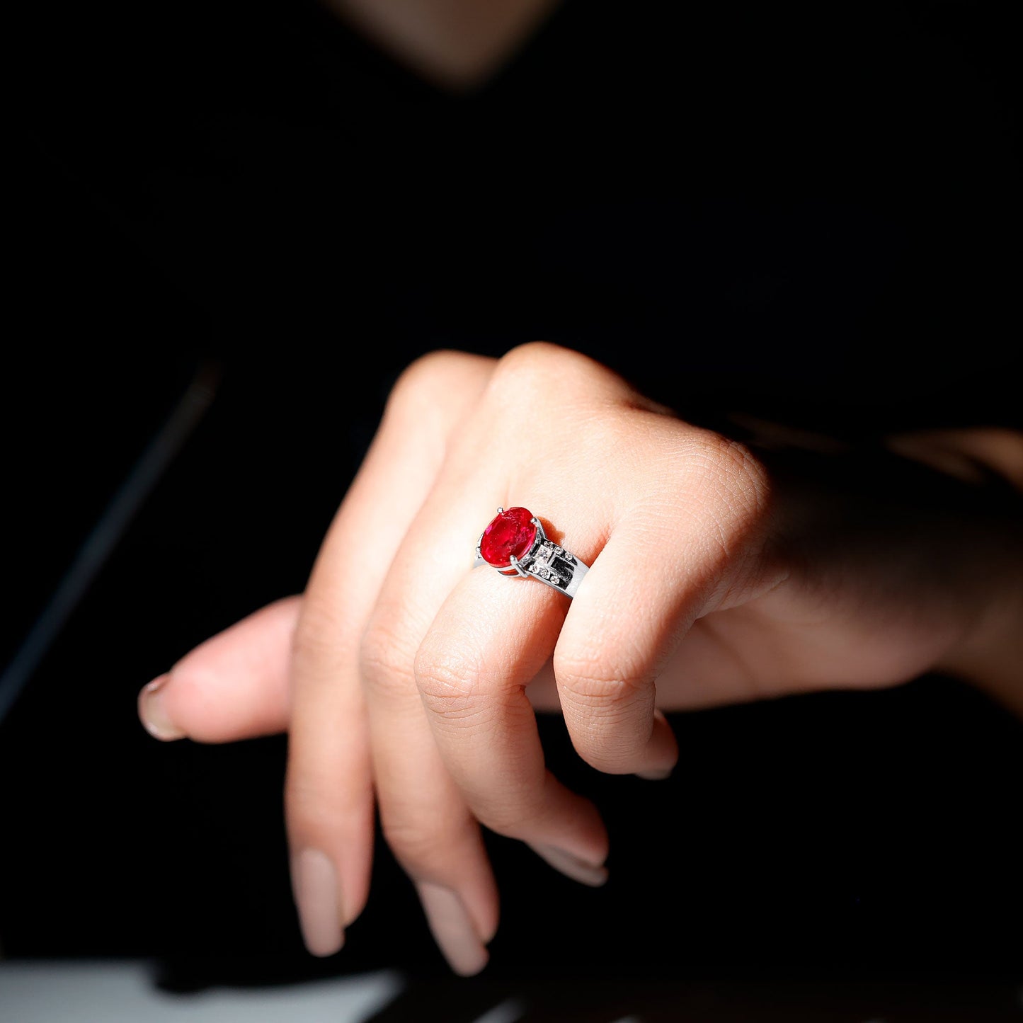 Oval Lab Grown Ruby Statement Engagement Ring with Diamond