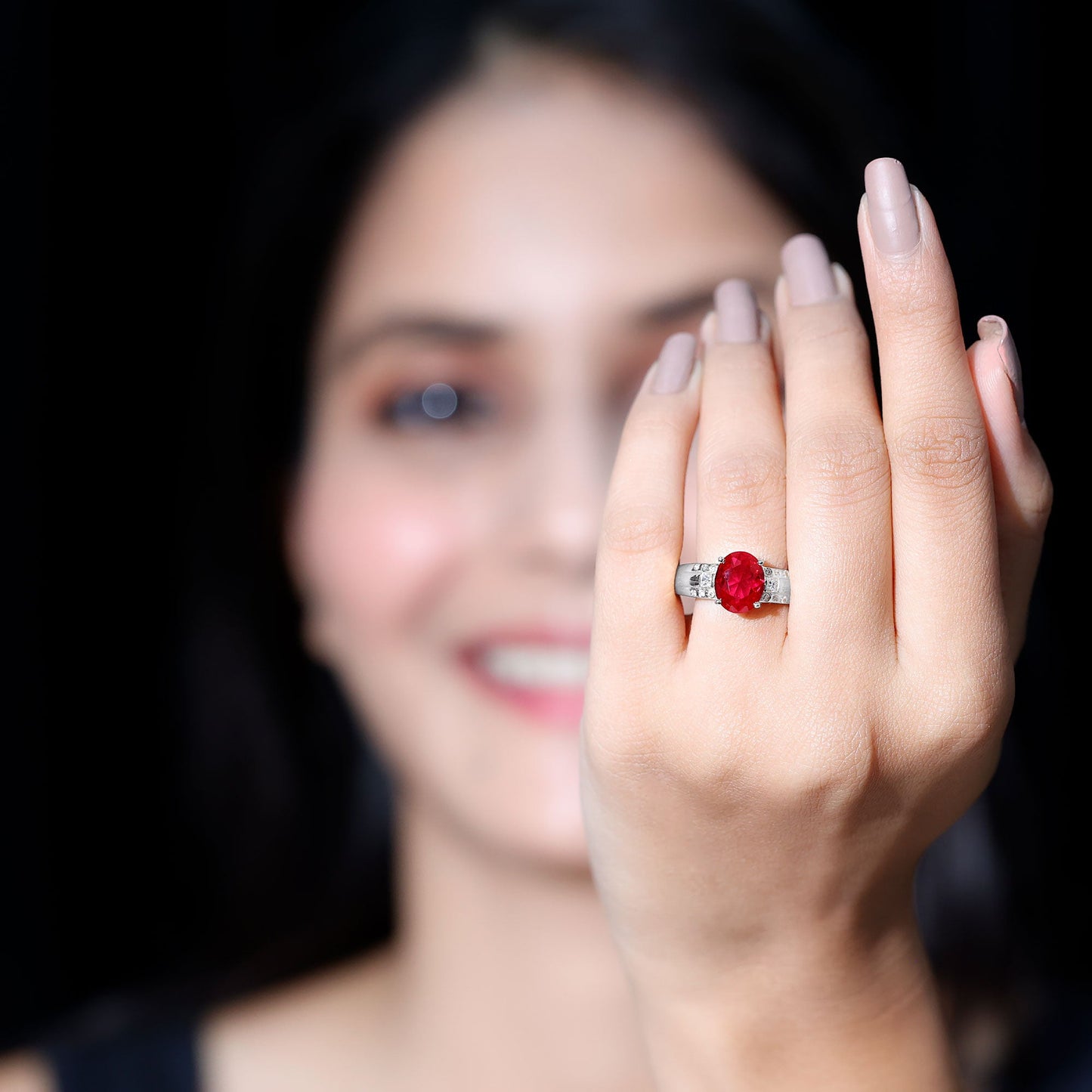 Oval Lab Grown Ruby Statement Engagement Ring with Diamond