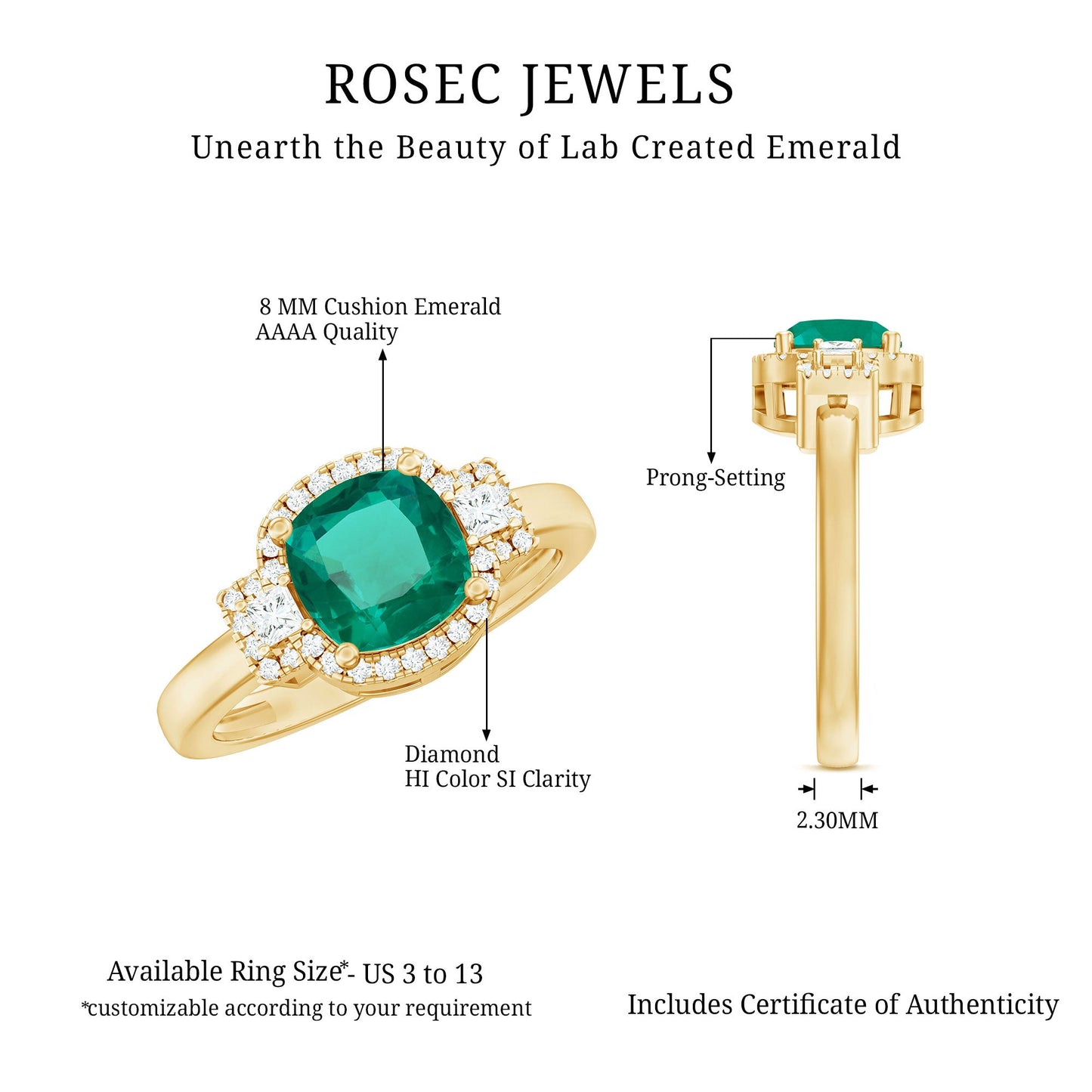 Cushion Cut 2 Carat Lab Grown Emerald Diamond Statement Engagement Ring
