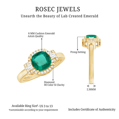 Cushion Cut 2 Carat Lab Grown Emerald Diamond Statement Engagement Ring