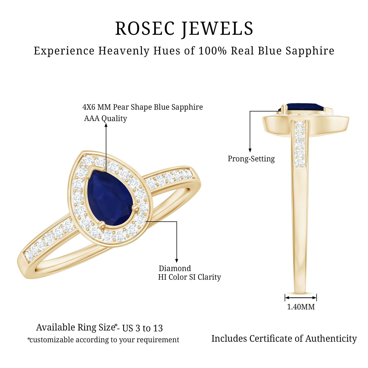 Genuine 0.5 Carat Blue Sapphire and Diamond Pear Halo Engagement Ring